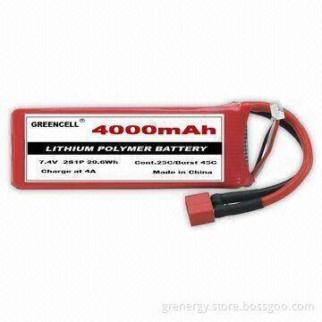 Lithium Polymer Battery with 45A Burst Discharge Current and 7.4V Voltage, 4,000mAh Capacity